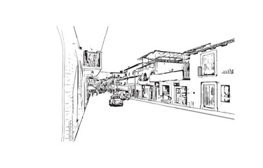 Obraz premium Building view with landmark of Puerto Vallarta city in Mexico. Hand drawn sketch illustration in vector.