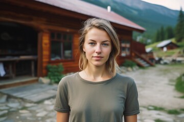Photography in the style of pensive portraiture of a joyful girl in her 30s wearing a sporty polo shirt against a cozy mountain lodge background. With generative AI technology