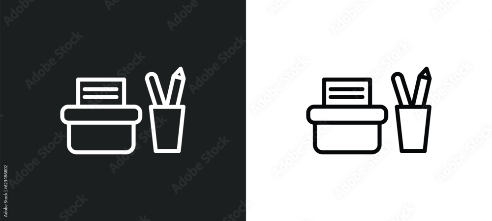 Poster office material icon isolated in white and black colors. office material outline vector icon from us