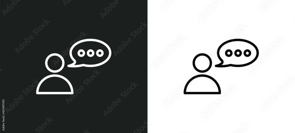 Poster user with speech bubble icon isolated in white and black colors. user with speech bubble outline vec