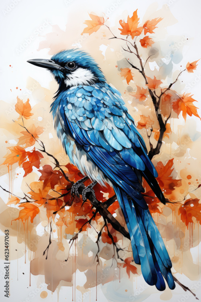 Poster a blue bird sitting on top of a tree branch. generative ai image.