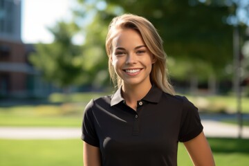 Casual fashion portrait photography of a glad girl in her 30s wearing a sporty polo shirt against a bustling university campus background. With generative AI technology