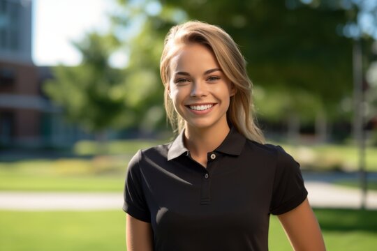 Casual fashion portrait photography of a glad girl in her 30s wearing a sporty polo shirt against a bustling university campus background. With generative AI technology