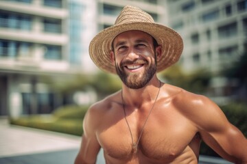 Lifestyle portrait photography of a satisfied boy in his 30s wearing a trendy bikini and straw hat against a bustling university campus background. With generative AI technology