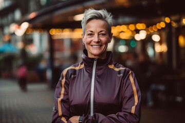 Environmental portrait photography of a happy mature woman wearing a comfortable tracksuit against a lively pub background. With generative AI technology