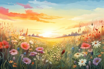 Fototapeta na wymiar Illustration of flower meadow in spring. generative ai. 