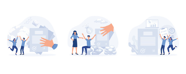 Fototapeta premium loan approval, Mortgage or credit form with stamp approved, businessman hold good financial notice. obligation to pay back interest rate, set flat vector modern illustration