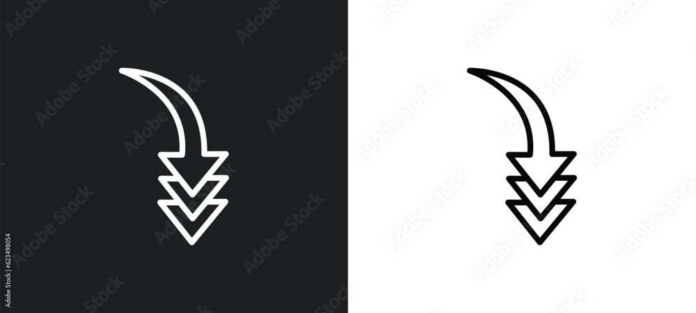 Poster curved downward arrow icon isolated in white and black colors. curved downward arrow outline vector 