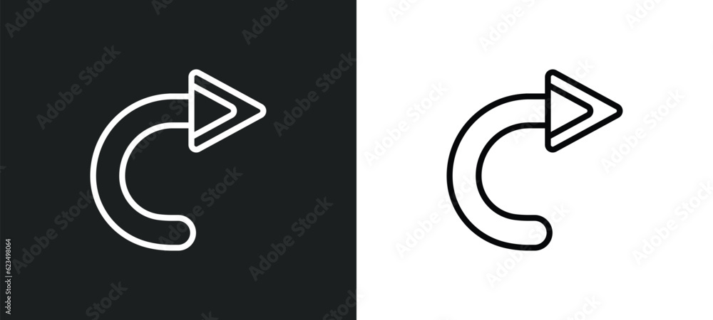 Poster rotated right arrow icon isolated in white and black colors. rotated right arrow outline vector icon