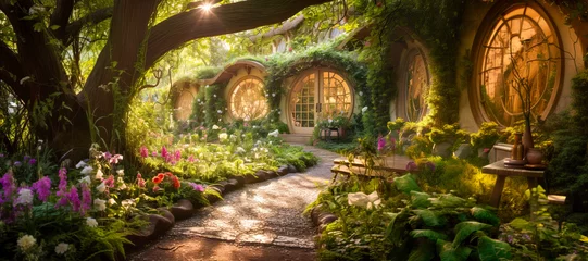 Gardinen Fantasy fairy tale background. Fantasy enchanted forest with magical luminous plants, built ancient mighty trees covered with moss, with beautiful houses, butterflies and fireflies fly in the air. © Katynn