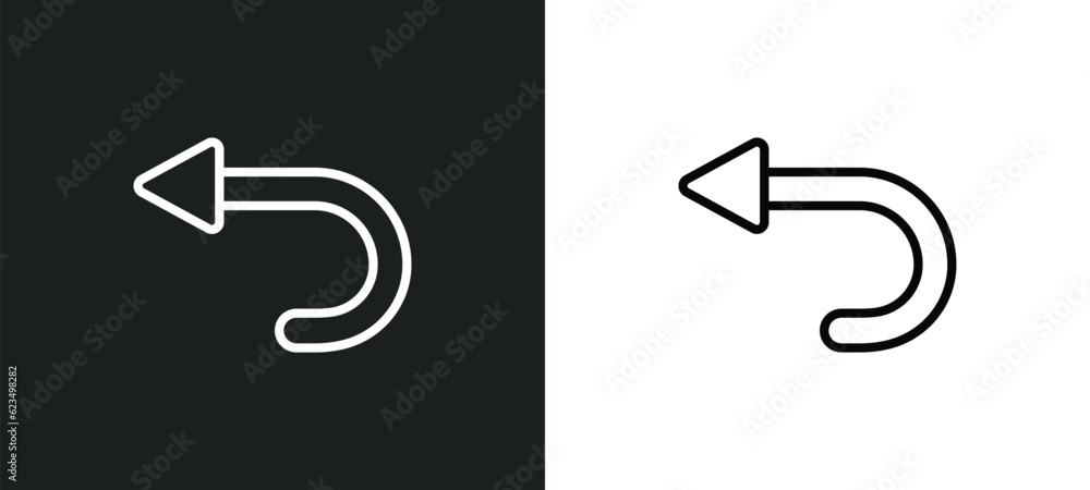 Poster left curve icon isolated in white and black colors. left curve outline vector icon from user interfa