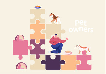 Young woman squatted down, feeding her dog. Funny girl training her domestic animal. Happy female cartoon character playing with her pet on puzzle pyramid background. Owner with her spotted doggy