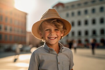 Casual fashion portrait photography of a joyful kid male wearing a stylish sun hat against a bustling city square background. With generative AI technology