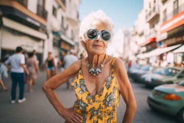 Urban fashion portrait photography of a tender old woman wearing a cute swimsuit and trendy sunglasses against a bustling city square background. With generative AI technology