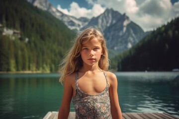 Obraz premium Environmental portrait photography of a tender kid female wearing a stylish swimsuit against a serene alpine lake background. With generative AI technology