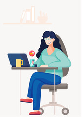 Smiling girl sitting with a laptop and working in the office. Woman at work is sick and taking medication. Container with pills. Office employee. Freelance. Woman catch a cold and is being treated