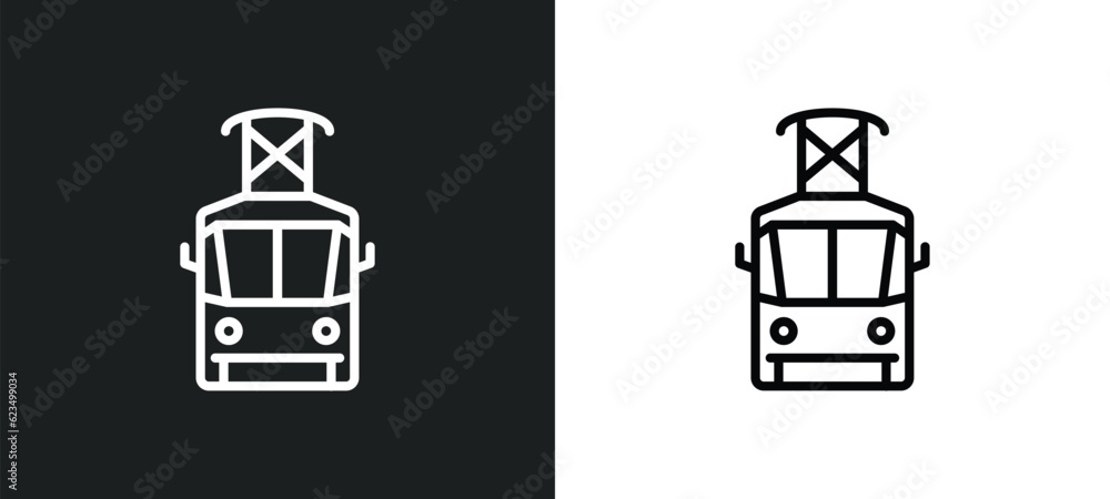 Poster tram front view icon isolated in white and black colors. tram front view outline vector icon from tr
