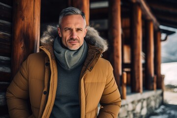 Obraz na płótnie Canvas Urban fashion portrait photography of a tender mature man wearing a cozy winter coat against a picturesque mountain chalet background. With generative AI technology