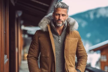 Papier Peint photo Chocolat brun Urban fashion portrait photography of a tender mature man wearing a cozy winter coat against a picturesque mountain chalet background. With generative AI technology