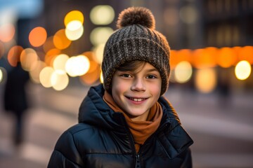 Editorial portrait photography of a glad kid male wearing a warm beanie against a lively downtown street background. With generative AI technology