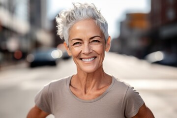 Close-up portrait photography of a glad mature woman wearing a sporty polo shirt against a lively downtown street background. With generative AI technology
