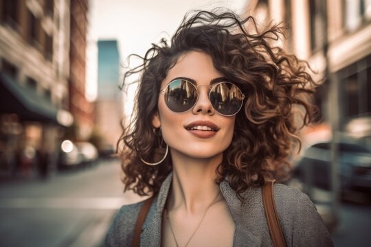 Photography in the style of pensive portraiture of a glad girl in her 30s wearing a trendy sunglasses against a lively downtown street background. With generative AI technology