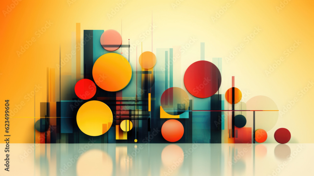 Poster an abstract painting of circles and lines on yellow background. generative ai.