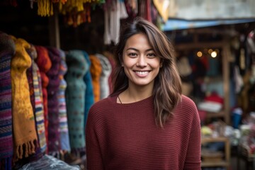 Fototapeta na wymiar Sports portrait photography of a satisfied girl in her 30s wearing a cozy sweater against a bustling outdoor bazaar background. With generative AI technology