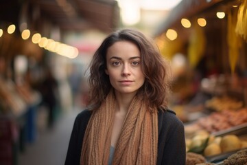 Photography in the style of pensive portraiture of a tender girl in her 30s wearing a chic cardigan against a bustling outdoor bazaar background. With generative AI technology