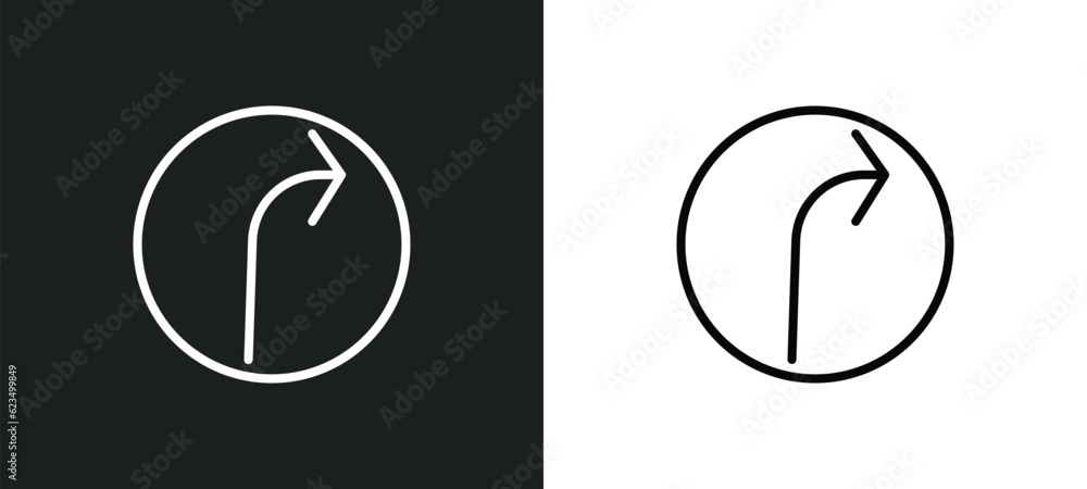 Poster right bend icon isolated in white and black colors. right bend outline vector icon from traffic sign