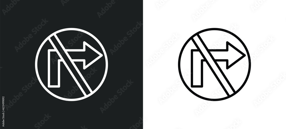 Poster no turn right icon isolated in white and black colors. no turn right outline vector icon from traffi