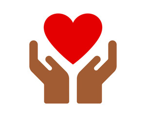 Fototapeta premium Handle with care icon. Hands hold heart symbol. Vector holding red heart illustration.