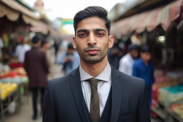 Obraz premium Close-up portrait photography of a tender boy in his 30s wearing a sleek suit against a bustling outdoor bazaar background. With generative AI technology