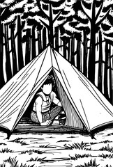 man and tent in the forest cartoon