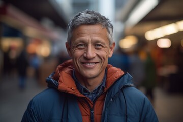 Fototapeta premium Close-up portrait photography of a satisfied mature man wearing a lightweight windbreaker against a bustling outdoor bazaar background. With generative AI technology