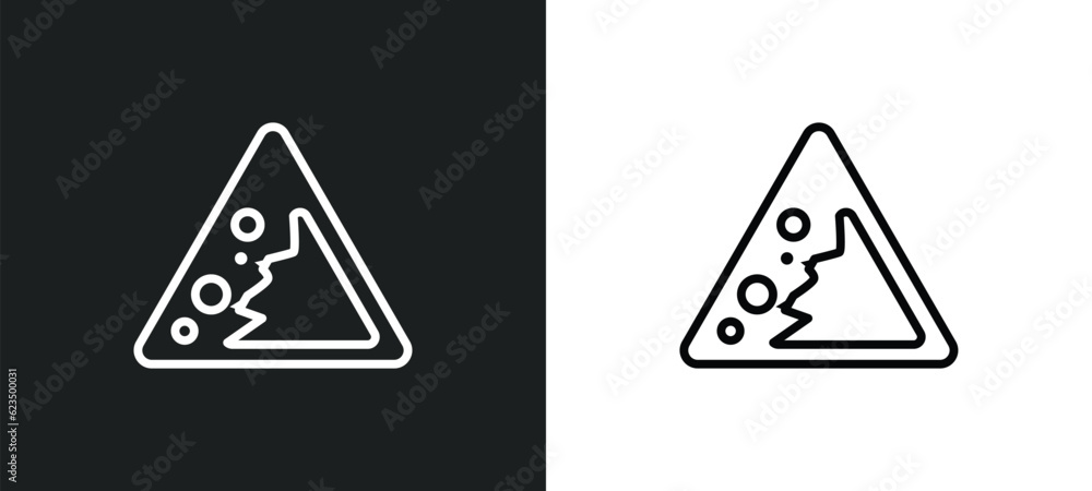 Poster falling rocks icon isolated in white and black colors. falling rocks outline vector icon from traffi
