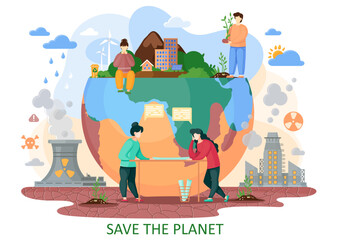 Fototapeta premium The planet Earth is suffers from human activity. Human bring to the nature explosions, deforestation, acid rains, radiation emissions, polluted air. Plan to save the planet from repercussion