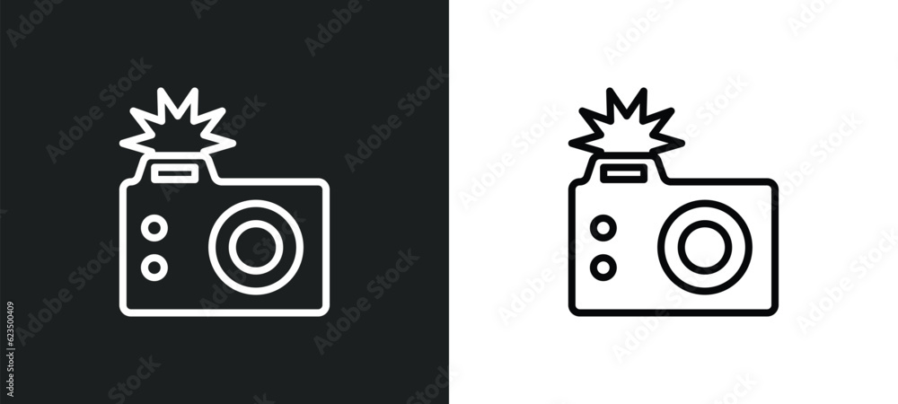 Poster camera with flash icon isolated in white and black colors. camera with flash outline vector icon fro