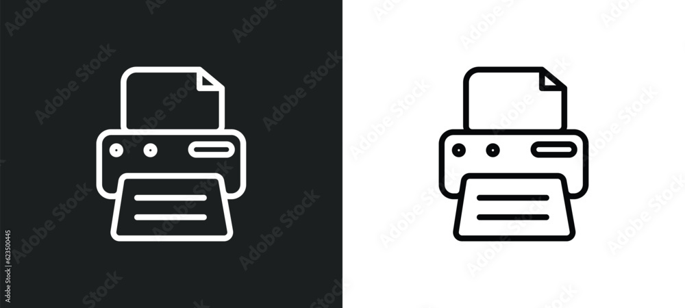 Poster blank paper and printer icon isolated in white and black colors. blank paper and printer outline vec