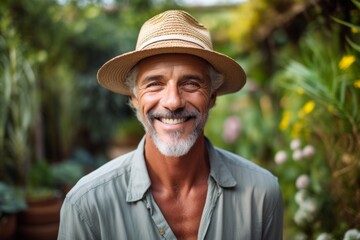 Medium shot portrait photography of a joyful mature man wearing a stylish sun hat against a peaceful zen garden background. With generative AI technology