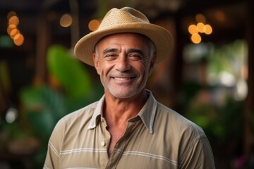 Medium shot portrait photography of a joyful mature man wearing a stylish sun hat against a peaceful zen garden background. With generative AI technology