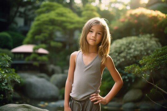 Casual fashion portrait photography of a glad kid female wearing underclothing against a peaceful zen garden background. With generative AI technology