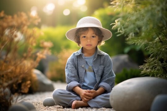 Photography in the style of pensive portraiture of a glad kid male wearing a stylish sun hat against a peaceful zen garden background. With generative AI technology