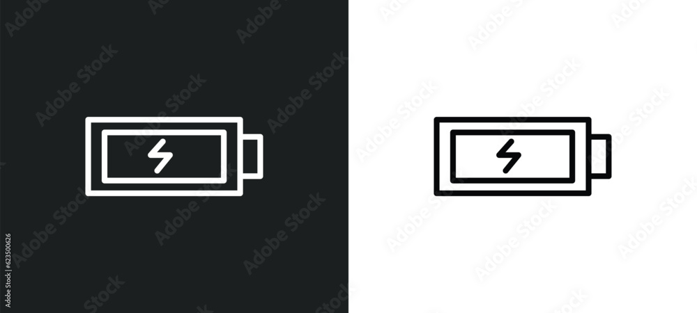 Poster charged battery icon isolated in white and black colors. charged battery outline vector icon from to