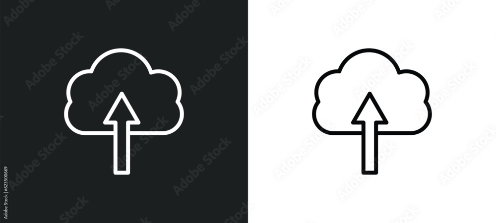 Poster up arrow and cloud icon isolated in white and black colors. up arrow and cloud outline vector icon f