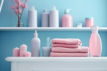 Obraz na płótnie Canvas A pastel bathroom shelf with pink skincare products, copy space, banner, pink and pastel blue bright palette, barbiecore. 