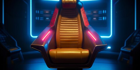 80s Inspired Captain Chair from Star Trek with Neon Lights and Cockpit Interior Background. 