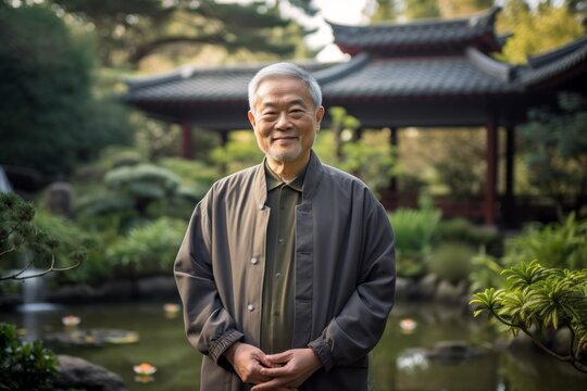 Urban fashion portrait photography of a satisfied old man wearing an elegant long-sleeve shirt against a peaceful zen garden background. With generative AI technology