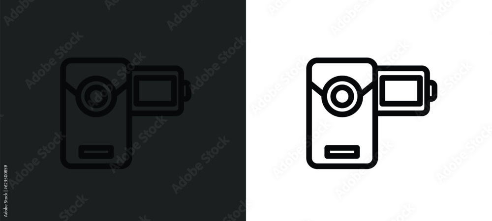 Poster little camcorder icon isolated in white and black colors. little camcorder outline vector icon from 