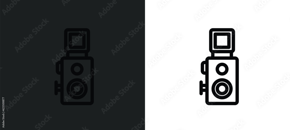 Poster reflex photo camera icon isolated in white and black colors. reflex photo camera outline vector icon